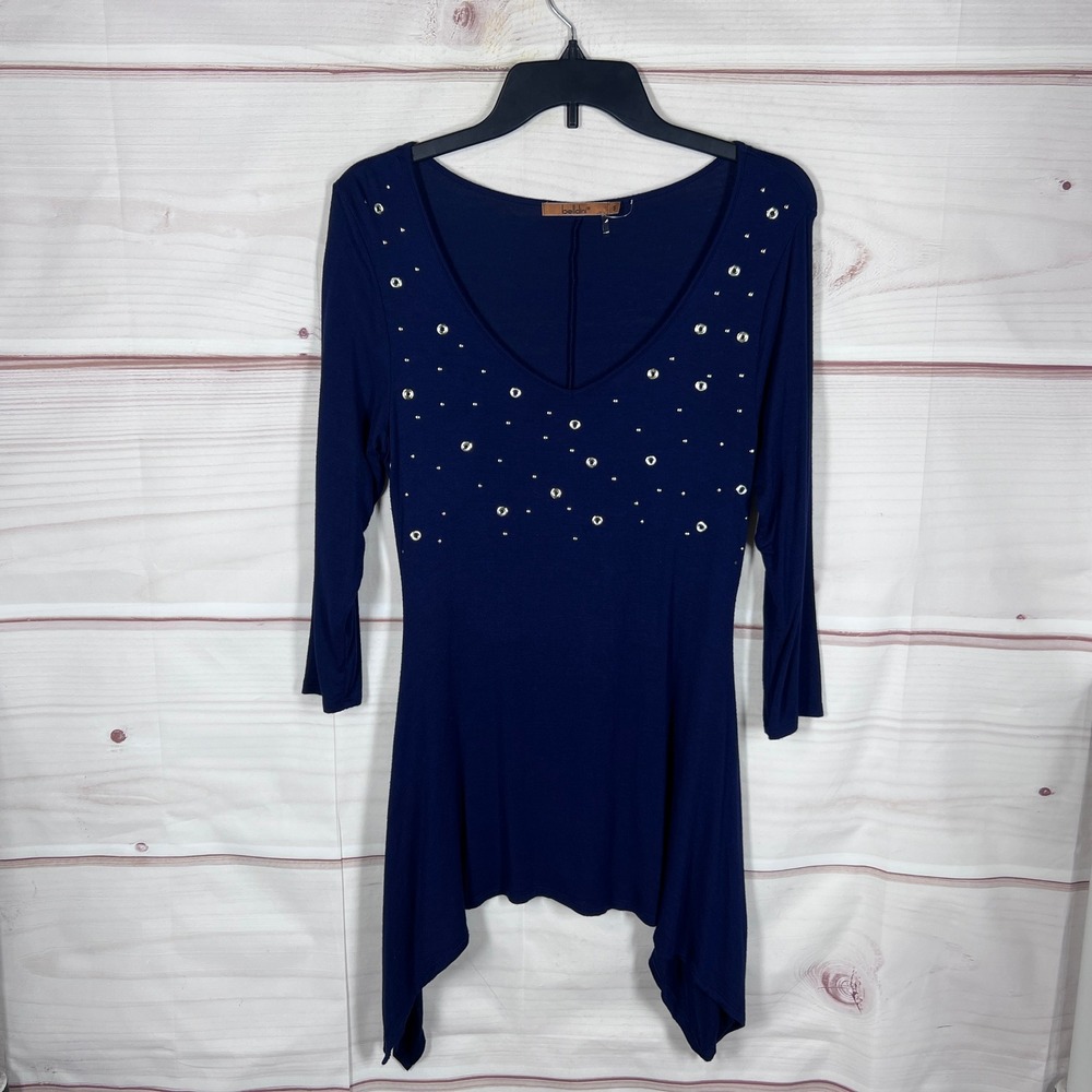 Beldini Tunic Top Women Small Blue Studded Grommet Sharkbite Hem 3/4 Sleeve Knit